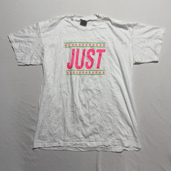 Oneita Other - Vintage 90s Oneita JUST Neon Parody Graphic Tee XL White Pink Green Stars